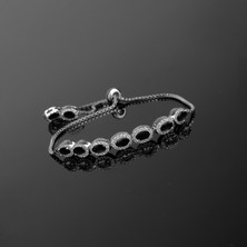 Ravza Gümüş 925 Ayar Gümüş Oval Siyah Renk Zirkon Taşlı Asansörlü Bileklik