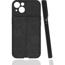 Case 4U Apple iPhone 13 Kılıf Sürgülü Niss Slide Kamera Korumalı Deri Görünümlü Leke Tutmaz Lüks Silikon Siyah