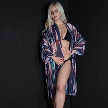 Tedz Collection Paredora Lacivert Kırmızı Desenli Kimono Pareo