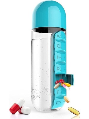 2 Adet  ve Su Şişesi Matara  600 ml Matara Dahili 7 Günlük Hap Organizer Su Şişesi 2 Adet Mavi