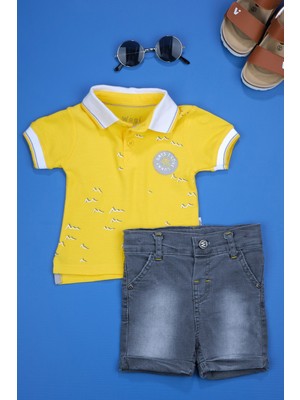 Çizgi Kids Erkek Çocuk I Love Sunny Days Baskılı Sarı Lacoste Gri Kot Şort Ikili Takım