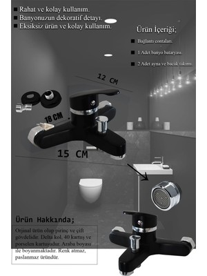 Tesitay Irmak Lavabo Banyo Mutfak Bataryası ve Rainy Robot Duş Siyah Banyo Seti Armatür Musluk Batarya Duş