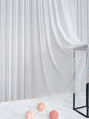 Esdeh Puantiyeli Renkli Çocuk Odası Tül Perde -Normal (1/2.5) Dikim - Kırık Beyaz