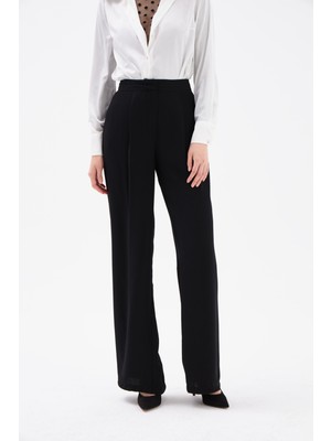 Sateen Pileli Krep Pantolon - Siyah