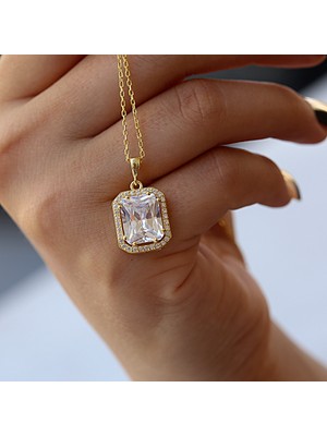 Beyaz Zirkon Taşlı Optegon Gümüş Kolye