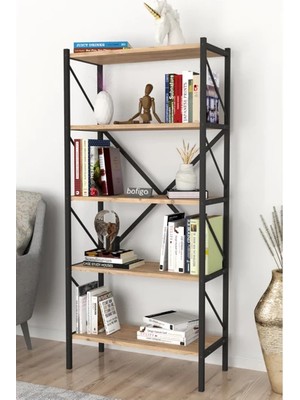 Linrime Dekoratif 5 Raflı Kitaplık Metal Kitaplık Çam