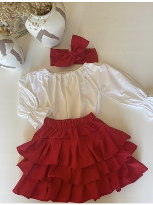 Özge Başaran Kız Çocuk Fırfırlı Kırmızı Etek, Beyaz Bluz ve Bandana Takım 8 Yaş,