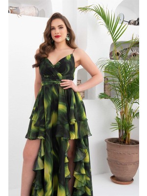 Eva Fashion Yeşil Şifon Askılı Uzun Abiye Elbise