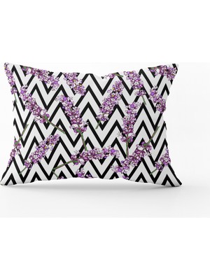 Cango Home Beyaz Siyah Çizgili Mor Çiçekli Kırlent Yastık Kılıfı - CGH228-3550 Çift Tarafı Baskılı