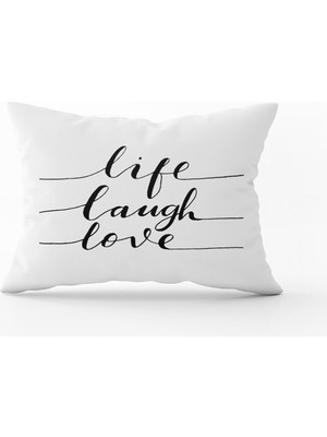 Cango Home Beyaz Siyah Life Laugh Love Yazılı Dekoratif Kırent Kılıfı - CGH282-3550 Çift Tarafı Baskılı