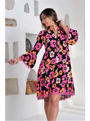 Keyifli Moda Kadın Pembe Çiçekli Önden Düğmeli Ponponlu Ispanyol Kol Salaş Elbise