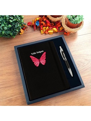 Promosyon Denizi Kişiye Özel Kırmızı Kelebek Motifli  Kutulu Ajanda ve Kalem Seti (PRM451