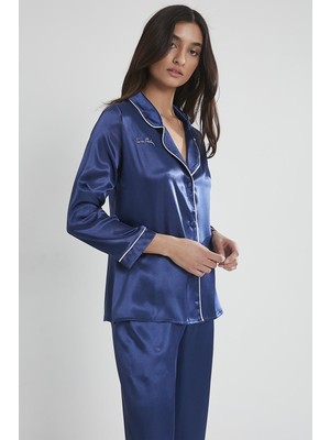 Pierre Cardin Kadın Saten Biyeli Pijama Takımı -1200 Lacivert