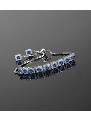 Ravza Gümüş 925 Ayar Gümüş Kare Safir Renk Zirkon Taşlı Asansörlü Bileklik