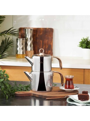 Karaca Mira Midi Paslanmaz Çelik Çaydanlık Takımı 0,7 L + 1,4 L, İndüksiyon ve Bulaşık Makinesi Uyumlu Gümüş Renk