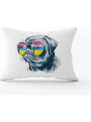 Cango Home Beyaz Siyah Gözlüklü Köpek Kırlent Yastık Kılıfı - CGH042-3550 Çift Tarafı Baskılı