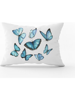 Cango Home Mavi Kelebek Desenli Kırlent Yastık Kılıfı - CGH001-3550 Çift Tarafı Baskılı