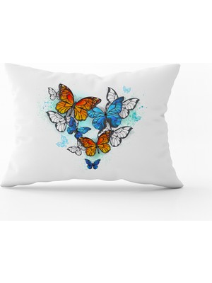 Cango Home Mavi Turuncu Beyaz Kelebek Desenli Kırlent Yastık Kılıfı - CGH005-3550 Çift Tarafı Baskılı