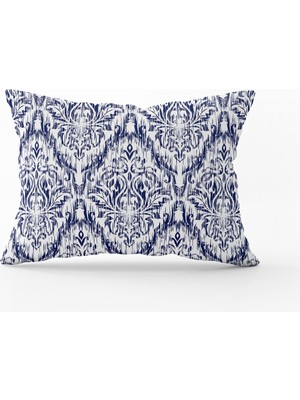 Cango Home Lacivert Beyaz Damask Desenli Kırlent Yastık Kılıfı - CGH089-3550 Çift Tarafı Baskılı