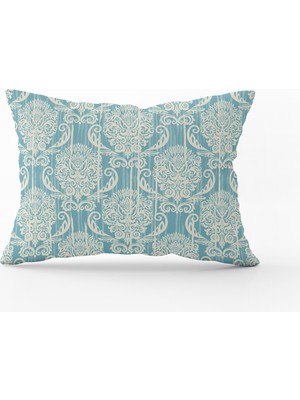 Cango Home Mavi Krem Damask Desenli Kırlent Yastık Kılıfı - CGH096-3550 Çift Tarafı Baskılı