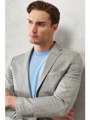 ALTINYILDIZ CLASSICS Erkek Gri-mavi Ekstra Slim Fit Dar Kesim Mono Yaka Kareli Klasik Takım Elbise