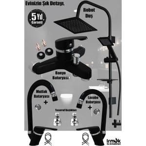 Irmak Lavabo Banyo Mutfak Bataryası ve Rainy Robot Duş Siyah Banyo Seti Armatür Musluk Batarya Duş
