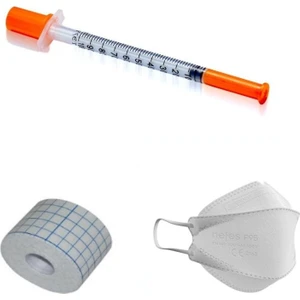 3p 0.5 ml 30G Süper Insülin Enjektör 50'li + Octacare 5x5 Esnek Plaster + F95 Maske Beyaz 5'li