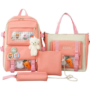 Kadın Tuval Sırt Çantaları 4 Adet / Takım Seyahat Bookbag Bookbag Çanta Kız Genç Pembe