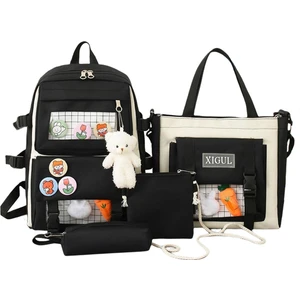 Kadın Tuval Sırt Çantaları 4 Adet / Takım Seyahat Bookbag Çantası Genç Kız Siyah Için Sırt Çantası
