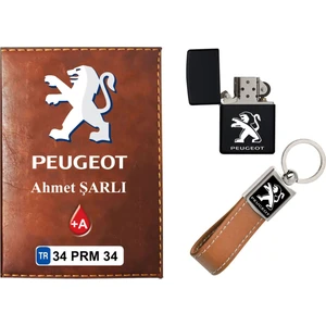 Promosyon Denizi Isiminize Özel Peugeot Logolu  Taba Ruhsat Kabı - Anahtarlık - Çakmak