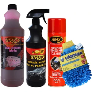 %50 Cilalı Pink Oto Şampuanı / Seramik Katkılı Hızlı ve Pratik Cila / Smx Susuz Motor Temizleme ve Koruma Spreyi / Mikrofiber Oto Yıkama Eldiveni