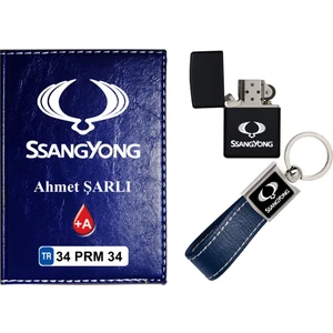 Promosyon Denizi Isiminize Özel Ssangyong Logolu  Lacivert Ruhsat Kabı - Anahtarlık - Çakmak