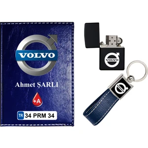 Promosyon Denizi Isiminize Özel Volvo Logolu  Lacivert Ruhsat Kabı - Anahtarlık - Çakmak