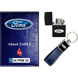 Promosyon Denizi Isiminize Özel Ford Logolu  Lacivert Ruhsat Kabı - Anahtarlık - Çakmak