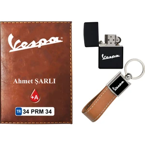 Promosyon Denizi Isiminize Özel Vespa Logolu  Taba Ruhsat Kabı - Anahtarlık - Çakmak