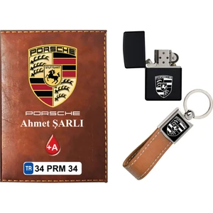 Promosyon Denizi Isiminize Özel Porsche Logolu  Taba Ruhsat Kabı - Anahtarlık - Çakmak