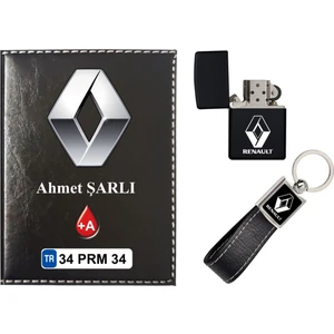 Promosyon Denizi Isiminize Özel Renault Logolu  Siyah Ruhsat Kabı - Anahtarlık - Çakmak