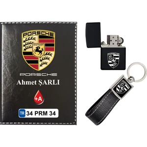 Promosyon Denizi Isiminize Özel Porsche Logolu  Siyah Ruhsat Kabı - Anahtarlık - Çakmak