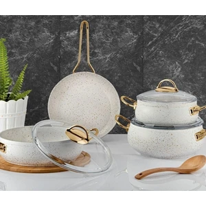 Yonca Güveç Granit 7 Parça Altın Metal Kulp Beyaz Tencere Seti