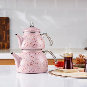 Emaye Midi Terazzo Pembe Çaydanlık Takımı