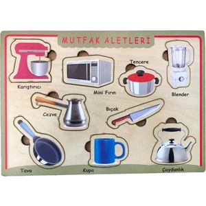 Farbu Oyuncak Ahşap Bultak Puzzle 9 Parça Arka Yüzü Yazı Tahtalı Yapboz Mutfak Aletleri