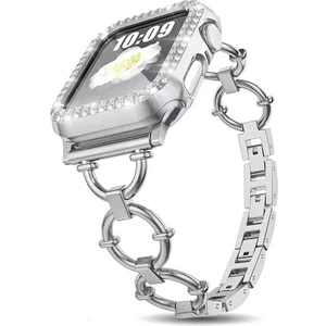 Nezih Case Apple Watch Seri 2 3 4 5 6 7 Se 38 40 41MM Uyumlu Taşlı Kasa Koruyucu ve Halka Tasarım Kordon