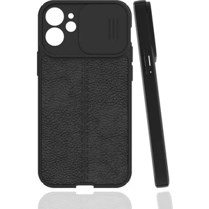 Case 4U Apple iPhone 12 Kılıf Sürgülü Niss Slide Kamera Korumalı Deri Görünümlü Leke Tutmaz Lüks Silikon Siyah