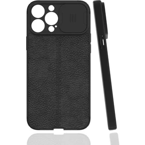 Case 4U Apple iPhone 13 Pro Kılıf Sürgülü Niss Slide Kamera Korumalı Deri Görünümlü Leke Tutmaz Lüks Silikon Siyah