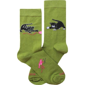 Yeşil/pembe Kedi Desenli Kadın Soket Çorap