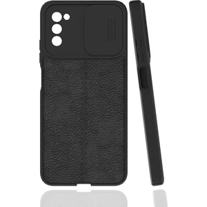 Case 4U A02s / A03s Uyumlu Kılıf Sürgülü Niss Slide Kamera Korumalı Deri Görünümlü Leke Tutmaz Lüks Silikon Siyah