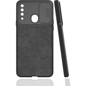 Case 4U A20s Uyumlu Kılıf Sürgülü Niss Slide Kamera Korumalı Deri Görünümlü Leke Tutmaz Lüks Silikon Siyah