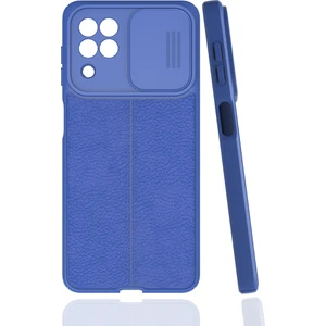 Case 4U A22 4g / M22 / M32 Uyumlu Kılıf Sürgülü Niss Slide Kamera Korumalı Deri Görünümlü Leke Tutmaz Lüks Silikon Lacivert