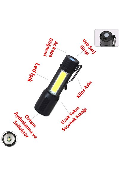 Change USB Şarjlı Mini El Feneri 2mod Yan LED 3W Çakarlı Q5 Kutulu PT-4140