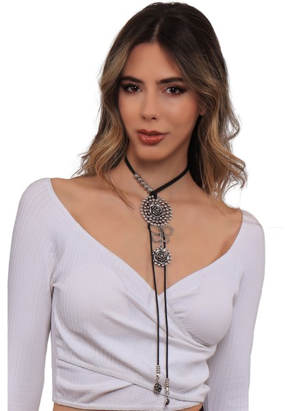 Kadın Antik Gümüş Kaplama Gül Charmlı Dolama Model Tasarım Ip Kolye modelleri